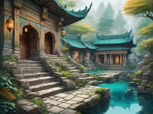 ancient city,tianxia,fantasy landscape,asian architecture,water palace,world digital painting,kaixian,khwarezmid,ancient house,rongfeng,qibao,jinchuan,dalixia,oriental,qingcheng,landscape background,yangmei,teahouse,background design,backgrounds,Illustration,Black and White,Black and White 05