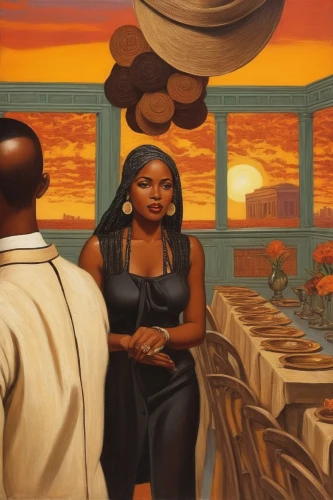 afrofuturism,kemet,oil on canvas,mcquarrie,blacksad,prophetess,african art,welin,african woman,orishas,imhotep,african american woman,melanin,black women,colescott,benton,israelites,afrocentrism,nubian,black woman,Illustration,Realistic Fantasy,Realistic Fantasy 21