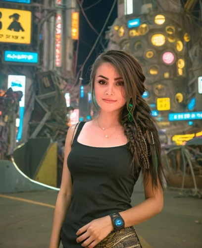 tifa,alita,shadman,jdo,kazzia,ariela,lumidee,natashquan,slutskaya,greenscreen,susanthika,pattaya,skrillex,green screen,vidya,zhaowen,kittani,troi,bangkok,marzieh,Female,North Africans,Side Braid,Youth adult,XS,Happy,Women's Wear,Outdoor,Cyberpunk City