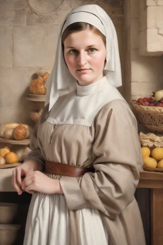 maidservant,nunsense,mennonites,novitiate,clergywoman,postulant,mennonite,kirtle,foundress,woman holding pie,suster,abbess,postulants,prioress,girl with bread-and-butter,begums,hutterite,the prophet mary,sendler,lutheranism,Photography,Realistic