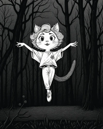 ballerina in the woods,sylbert,dormouse,scampering,tittlemouse,leap for joy,leap,tightrope,little girl running,flying girl,tightrope walker,supercat,outrunning,trapeze,muffet,forest animal,tarsiers,skipping,opossum,trampolinist,Illustration,Black and White,Black and White 18