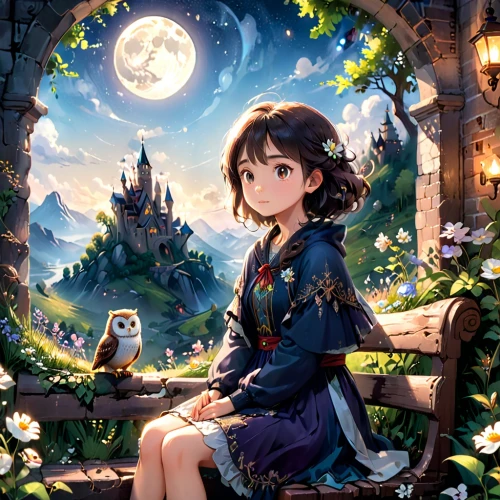 moonlit night,moonlit,moonlight,ghibli,kumiko,fairy tale character,studio ghibli,moonshining,starry sky,fairy tale,moon and star background,clear night,storybook,moon night,lunar,moon and star,dream world,moon shine,wonderland,magical,Anime,Anime,Cartoon