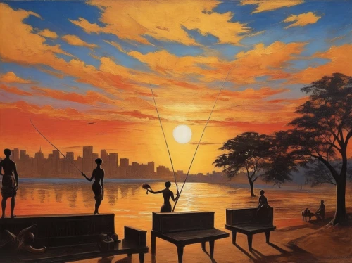 art painting,oil painting on canvas,silhouette art,painting technique,oil painting,orange sky,evening atmosphere,fantasy picture,art silhouette,dubbeldam,surrealism,vettriano,oil on canvas,khokhloma painting,mcquarrie,romantic scene,dream art,3-fold sun,indigenous painting,painting,Illustration,Realistic Fantasy,Realistic Fantasy 21