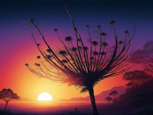 flower in sunset,sundew,colorful tree of life,flower tree,dandelion background,splendor of flowers,albizia,flower painting,flame flower,retro flower silhouette,lone tree,flowers png,vickerman,flower background,flowerful desert,flower art,lonetree,nature background,flourishing tree,landscape background,Illustration,Realistic Fantasy,Realistic Fantasy 25