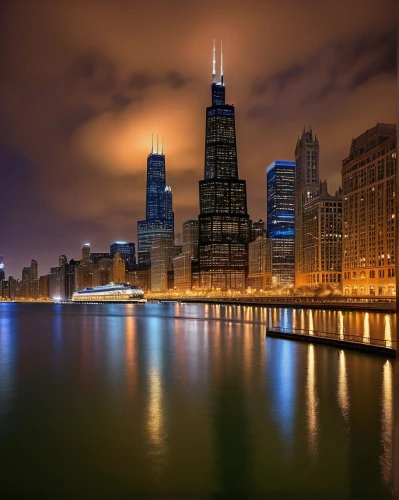 chicago skyline,chicago night,sears tower,chicago,detriot,chicagoan,chicagoland,illinoian,lake shore,lakefront,dusable,metra,dearborn,willis tower,tribute in lights,long exposure,black city,illinoisan,saint joseph,city skyline,Conceptual Art,Sci-Fi,Sci-Fi 22