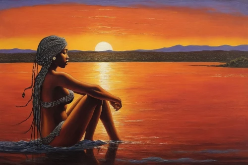 oil painting on canvas,girl on the river,indigenous painting,oil painting,vishwamitra,fisherwoman,inanna,girl on the boat,oil on canvas,khokhloma painting,oshun,naiad,moana,abenaki,amphitrite,madhumati,girl with a dolphin,kateri,polynesian girl,art painting,Illustration,Realistic Fantasy,Realistic Fantasy 21