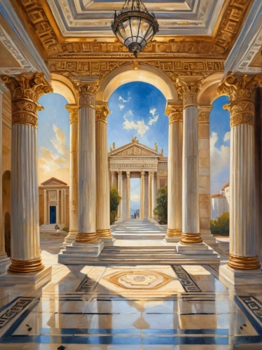 zappeion,marble palace,greek temple,neoclassical,neoclassicism,caesars palace,cochere,doric columns,palladian,vittoriano,peristyle,classicism,archly,three pillars,crillon,caesar palace,glyptothek,neoclassic,colonnades,hall of nations,Conceptual Art,Oil color,Oil Color 22