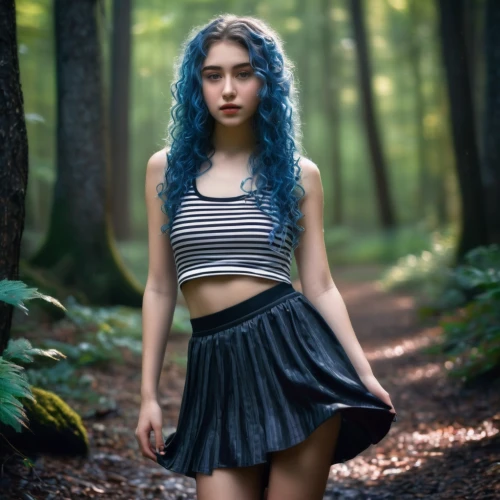 ballerina in the woods,blue hair,in the forest,fairie,ariela,faerie,fae,denim skirt,forest walk,karou,grimes,blue enchantress,indigo,lilyana,mystical portrait of a girl,faery,seelie,wooded,forest dark,lycia,Photography,Artistic Photography,Artistic Photography 12