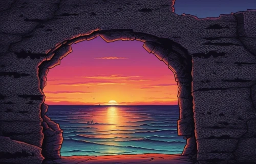 coast sunset,cartoon video game background,beautiful wallpaper,windows wallpaper,dusk background,cave on the water,sunset,dark beach,sunset beach,pixel art,hd wallpaper,background screen,ocean view,door to hell,samsung wallpaper,fire background,sunset glow,ocean background,free background,art background,Illustration,Realistic Fantasy,Realistic Fantasy 25