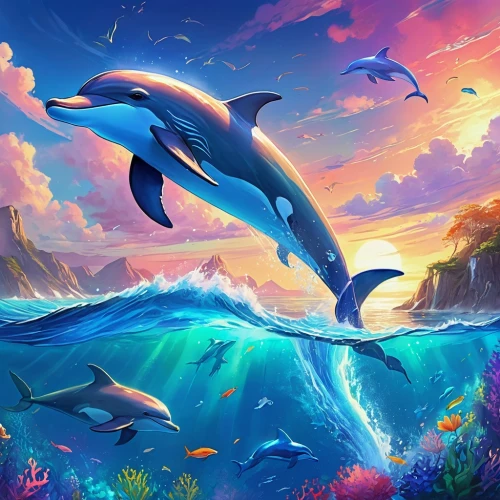 dolphin background,oceanic dolphins,ocean background,dolphins,dauphins,wyland,bottlenose dolphins,dolphins in water,dolphin,dolphin coast,orca,two dolphins,delphin,semiaquatic,cetaceans,cetacea,dolphin swimming,cetacean,porpoise,dusky dolphin,Illustration,Realistic Fantasy,Realistic Fantasy 01