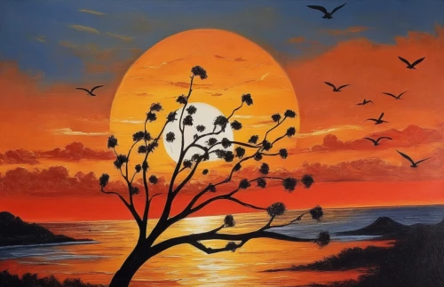 bird painting,birds on a branch,birds on branch,orange tree,magritte,oil painting on canvas,art painting,bird migration,tangerine tree,persimmon tree,sunbirds,tramonto,bird island,hanging moon,painted tree,migratory birds,indigobirds,glass painting,birds singing,oil painting,Illustration,Realistic Fantasy,Realistic Fantasy 21