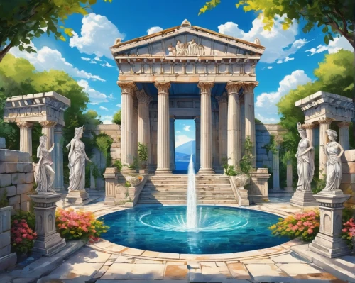 artemis temple,greek temple,roman temple,ephesus,sybaris,roman bath,panagora,stone fountain,egyptian temple,temple of diana,paradisus,the ancient world,eleusinian,crescent spring,pallas athene fountain,celsus,ancient city,water palace,pillars,fountain,Conceptual Art,Daily,Daily 24