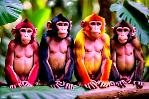 mandrills,orangutans,monkeys band,primates,simians,monkey family,bonobos,macaca,apes,uakari,primatology,orang utan,monkeys,prosimians,capuchins,primatologists,monkey gang,tropical animals,macaques,chimps,Illustration,Realistic Fantasy,Realistic Fantasy 37