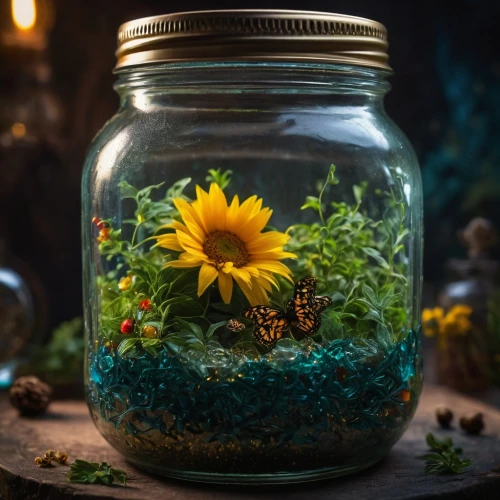 glass jar,terrarium,terrariums,sunflowers in vase,calendula,honey jar,jar,fireflies,calendula petals,jar of honey,calenduleae,empty jar,dandelion background,marimo,blue daisies,rudbeckia,calendula officinalis,honey jars,dandelion meadow,glass container,Photography,General,Fantasy