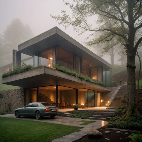 modern house,forest house,modern architecture,house in the forest,dunes house,mid century house,3d rendering,house in mountains,house in the mountains,cubic house,foggy landscape,render,renders,landscaped,morning mist,residential house,timber house,beautiful home,morning fog,foggy day,Photography,General,Cinematic
