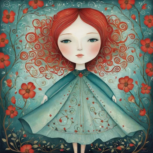 persephone,girl in flowers,fairie,redhead doll,girl in the garden,red petals,floral poppy,flower fairy,red anemone,poppy red,behenna,fairy tale character,little girl fairy,rosa 'the fairy,rosaline,red poppy,dollmaker,flower girl,little red riding hood,eloise,Illustration,Abstract Fantasy,Abstract Fantasy 02