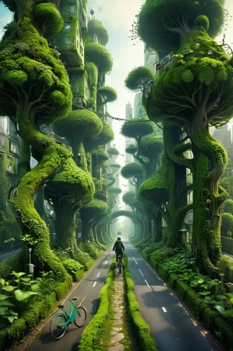 mushroom landscape,mushroom island,cartoon forest,forest road,green forest,cartoon video game background,forest path,futuristic landscape,road of the impossible,ecotopia,verdant,fairy forest,orduna,alien world,elven forest,pathway,green valley,plant tunnel,the forests,green wallpaper,Illustration,Abstract Fantasy,Abstract Fantasy 01