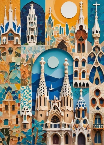 gaudi,azulejos,guell,fairy tale icons,sagrada,city cities,spires,gaudi park,spanish tile,houses clipart,viajes,tiles shapes,fantasy city,paper art,city buildings,sevilla,chortens,seville,church towers,cityscapes,Unique,Paper Cuts,Paper Cuts 07