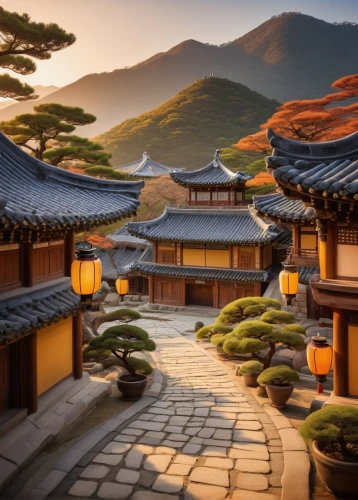 asian architecture,hanok,teahouses,korean folk village,japan landscape,hanhwa,goryeo,kyoto,dongbuyeo,gyeongbok,south korea,gudeok,korean culture,japon,koreana,heian,chuseok,roof landscape,beautiful japan,yongyut,Art,Artistic Painting,Artistic Painting 48