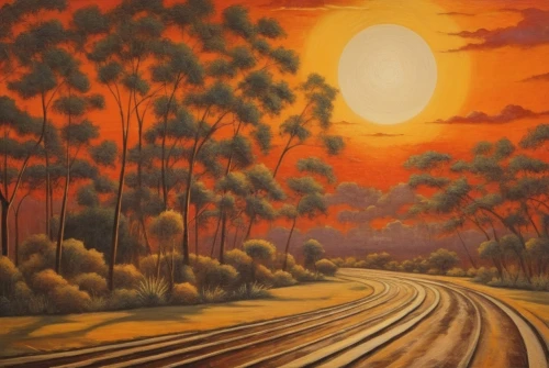 caminos,eisenbahn,orange sky,oil painting on canvas,oil on canvas,rural landscape,carretera,desert landscape,forest road,railway crossing,dusty road,railroad trail,sand road,oil painting,forest landscape,autumn landscape,rail road,paisaje,alligator alley,train way,Illustration,Realistic Fantasy,Realistic Fantasy 21