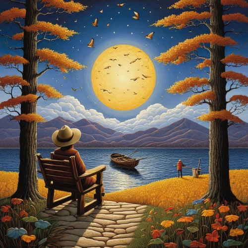 romantic scene,art painting,autumn landscape,autumn background,autumn idyll,landscape background,fantasy picture,idyll,dream art,oil painting on canvas,sogni,moonlit night,mostovoy,motif,dreamtime,romantic night,night scene,home landscape,man on a bench,world digital painting,Conceptual Art,Daily,Daily 33