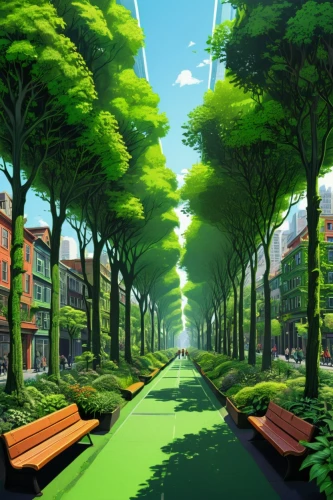 ecotopia,green forest,cartoon video game background,cartoon forest,greenforest,virtual landscape,futuristic landscape,tree-lined avenue,forest road,terraformed,greenspace,green trees,green space,streamwood,suburbanized,tree grove,bicycle path,greensward,green valley,background design,Illustration,Black and White,Black and White 14