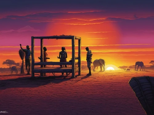 world digital painting,hossein,africa,ox cart,mostovoy,capture desert,fantasy picture,evening atmosphere,maghreb,afrika,hosseinian,east africa,camelride,shadow camel,namibia,romantic scene,horse herder,the gobi desert,cowboy silhouettes,camels,Illustration,Realistic Fantasy,Realistic Fantasy 25