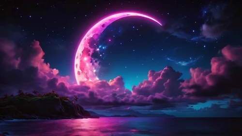 purple moon,crescent moon,moon and star background,hanging moon,purple landscape,dreamscape,lunar,ultraviolet,unicorn background,moonrise,wavelength,dusk background,night sky,moonlight,fantasy landscape,3d background,purple wallpaper,rift,nightsky,vapor,Photography,General,Natural