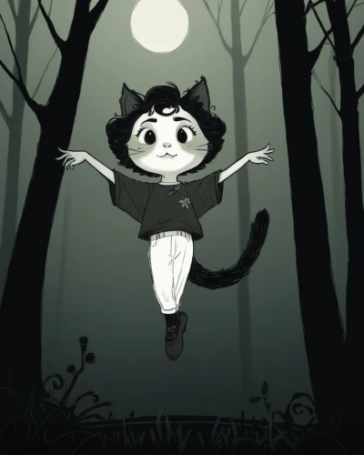 racoon,sprotte,morgana,ballerina in the woods,muffet,moonstuck,boonmee,zacharie,flying girl,raccoon,muffett,jellicle,pyewacket,halloween cat,forest animal,moony,moonan,gir,moonwalk,nepeta,Illustration,Black and White,Black and White 02