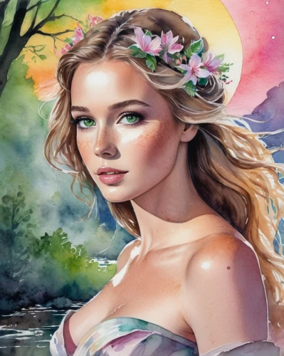 fantasy portrait,fae,jessamine,world digital painting,galadriel,springtime background,flower painting,faerie,kupala,fantasy art,girl in flowers,spring background,margairaz,flower fairy,digital painting,fantasy picture,faery,watercolor background,boho art,diwata,Illustration,Paper based,Paper Based 25