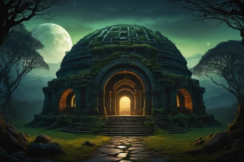 mausoleum ruins,witch's house,hall of the fallen,haunted cathedral,necropolis,mausolea,prospal,halloween background,sepulchres,ancient house,sanctum,fantasy picture,portal,druid stone,samhain,templedrom,khandaq,witch house,necrom,ancient city,Art,Classical Oil Painting,Classical Oil Painting 44