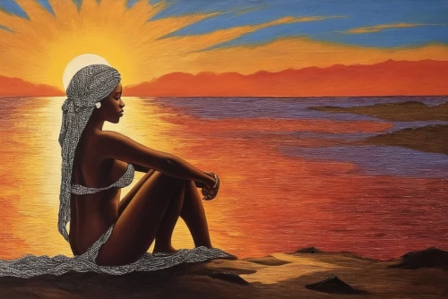 indigenous painting,ororo,mermaid silhouette,oshun,sundancer,oil on canvas,aquarius,azilah,kundalini,oil painting on canvas,sol,inanna,sun god,nereid,binti,sirena,andromeda,akhnaten,hejira,amphitrite,Illustration,Realistic Fantasy,Realistic Fantasy 21