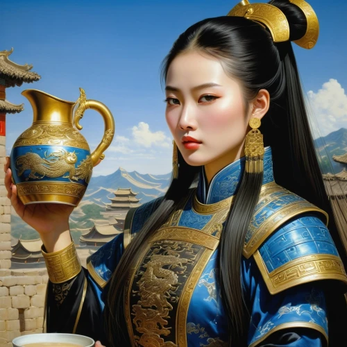 mongolian girl,asian teapot,inner mongolian beauty,yuanpei,baijiu,woman drinking coffee,xiaojin,gongfu,kunqu,rongfeng,jingqian,oriental princess,yunxia,xiaofei,yangmei,pouring tea,khenin,yunnan,xiaonan,xiaohong,Illustration,Realistic Fantasy,Realistic Fantasy 03