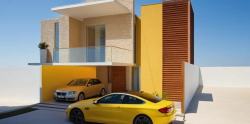 yellow car,3d rendering,fresnaye,cubic house,modern house,dunes house,residential house,mahdavi,modern architecture,render,residencial,cube house,vivienda,duplexes,exterior decoration,renders,forfour,driveways,homebuilding,sand-lime brick,Photography,General,Realistic