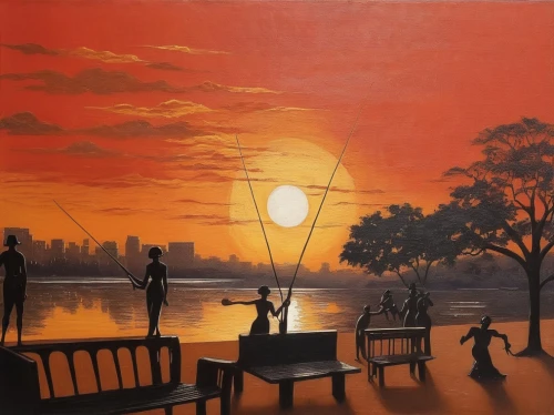 oil painting on canvas,art painting,oil painting,oil on canvas,glass painting,dubbeldam,evening atmosphere,orange sky,night scene,evening lake,oil paint,lamplight,romantic scene,pintor,acrylic paint,african art,surrealist,photo painting,meticulous painting,sundowner,Illustration,Realistic Fantasy,Realistic Fantasy 21