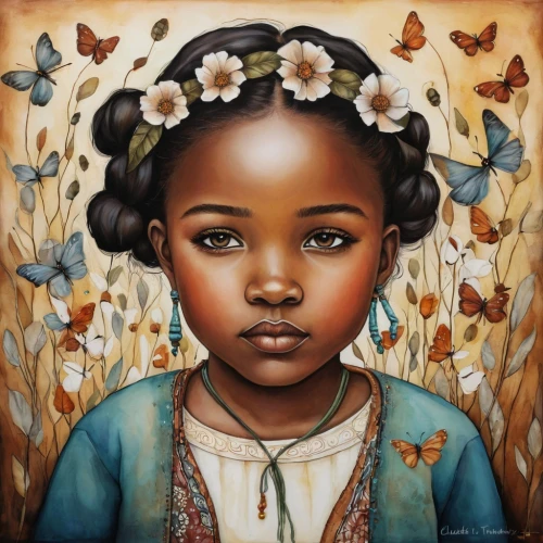 sarafina,mystical portrait of a girl,young girl,little girl fairy,oshun,girl in flowers,girl portrait,azilah,oil painting on canvas,flower girl,portrait of a girl,heatherley,girl in a wreath,african art,the little girl,africana,african american woman,butterflies,afro american girls,little girl,Conceptual Art,Daily,Daily 34