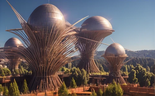 biospheres,futuristic architecture,cube stilt houses,arcology,ecotopia,cardassia,futuroscope,futuristic landscape,ringworld,darwinia,solar cell base,treehouses,heatherwick,ordos,ecovillages,spires,utopias,biopiracy,futuristic art museum,graecorum