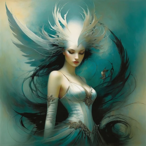 sirene,faerie,faery,fantasy art,seraphim,fairy queen,amphitrite,undine,white feather,fantasy woman,dark angel,seelie,plumes,sylphs,sylph,saturnyne,fathom,merfolk,viveros,blue enchantress,Illustration,Realistic Fantasy,Realistic Fantasy 16