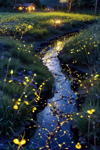 fireflies,dubbeldam,marsh marigolds,flowing creek,fairy lanterns,yellow grass,yellow garden,brook avens,nasmith,loosestrife,marsh marigold,light reflections,lilies of the valley,buttercups,glow of light,goldenlight,streamside,yellow light,blooming grass,spring meadow