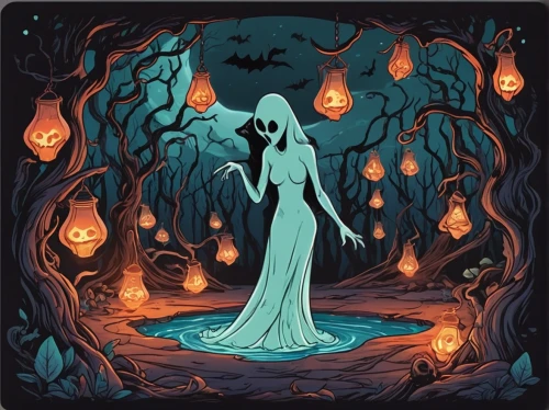 halloween illustration,llorona,halloween background,haunted forest,orona,halloween ghosts,marceline,halloween poster,samhain,carcosa,cd cover,halloween vector character,halloween scene,halloween wallpaper,haunt,dead bride,isoline,fantasmas,fantasma,garrison,Unique,Design,Sticker