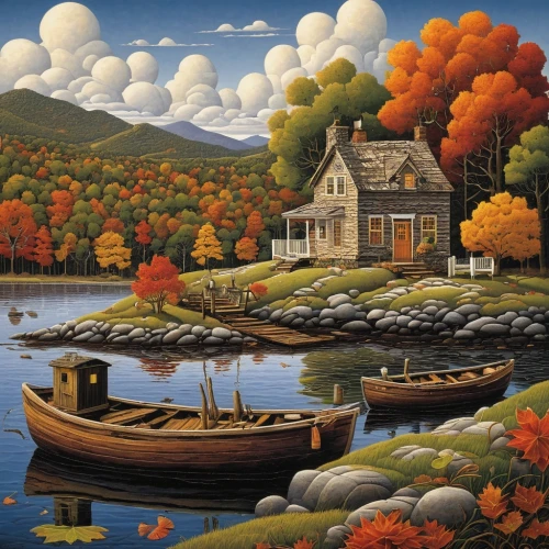 fall landscape,autumn landscape,boat landscape,autumn idyll,home landscape,autumn scenery,robert duncanson,cottage,coastal landscape,new england,autumn background,fall foliage,autumn camper,duncanson,boathouse,david bates,fisherman's house,river landscape,summer cottage,autumn decoration,Conceptual Art,Daily,Daily 33