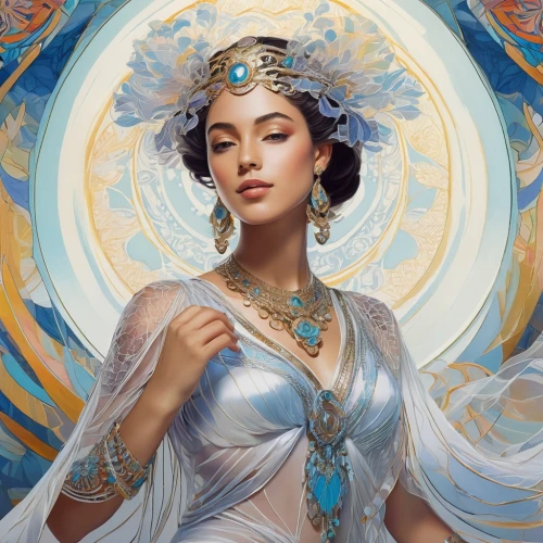 oriental princess,sigyn,priestess,estess,zodiac sign libra,guanyin,fantasy portrait,fantasy art,tretchikoff,frigga,amphitrite,oshun,amidala,promethea,galadriel,celestina,baoshun,blue enchantress,jasmine,thingol,Illustration,Abstract Fantasy,Abstract Fantasy 08