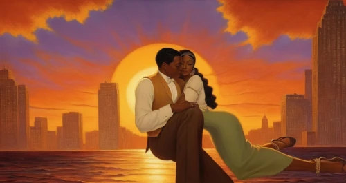 jamahiriya,orishas,agrabah,afrofuturism,aladdin,tiana,kemet,vintage couple silhouette,sabriel,sindbad,sankofa,romantic scene,azilah,loving couple sunrise,oshun,gyptian,calrissian,zephaniah,dwele,sundered,Illustration,Realistic Fantasy,Realistic Fantasy 21