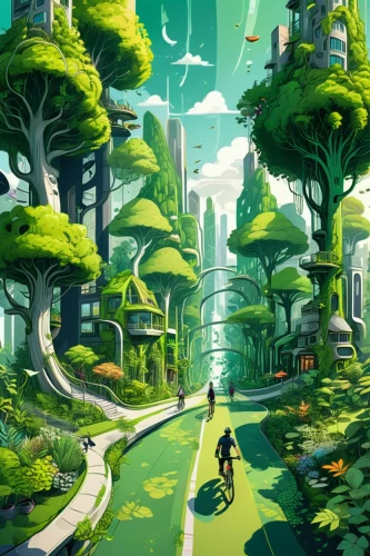 ecotopia,futuristic landscape,mushroom landscape,fantasy city,green forest,cartoon forest,cartoon video game background,aurora village,cybertown,green valley,environments,environment,terraformed,green trees,verdant,greentown,green wallpaper,ancient city,moss landscape,greenforest,Illustration,Black and White,Black and White 05