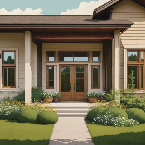 sunroom,hovnanian,sketchup,front porch,3d rendering,verandahs,bungalows,porch,landscaped,exterior decoration,home landscape,house drawing,garden elevation,bungalow,wooden windows,houses clipart,landscaping,conservatories,window frames,homebuilding,Illustration,Japanese style,Japanese Style 08