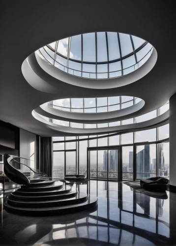 futuristic architecture,penthouses,cochere,futuristic art museum,skylights,glass roof,circular staircase,damac,daylighting,luxury home interior,glass facade,blavatnik,architecturally,lobby,guggenheim museum,atrium,safdie,minotti,architectures,structural glass,Illustration,Black and White,Black and White 35