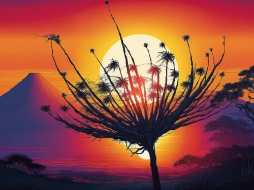 flower in sunset,world digital painting,tropical tree,landscape background,palm tree vector,colorful tree of life,dusk background,palm tree silhouette,nature background,digital painting,palmtree,mountain sunrise,sunset,afrotropical,palm tree,flourishing tree,lone tree,digital art,luau,tropical bloom,Illustration,Realistic Fantasy,Realistic Fantasy 25