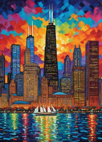 chicago skyline,chicago,colorful city,chicago night,chicagoan,chicagoland,mke,city skyline,cityscape,sears tower,skyline,willis tower,fireworks art,lakefront,detriot,goodsell,skyscrapers,metra,navy pier,birds of chicago,Conceptual Art,Oil color,Oil Color 25