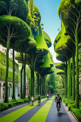 green forest,bicycle path,bicycle lane,ecotopia,cartoon forest,green trees,tree-lined avenue,verdure,biopiracy,greenforest,mushroom landscape,green landscape,aaaa,verdant,greeniaus,futuristic landscape,green wallpaper,bicycle ride,tree canopy,bike path,Illustration,Retro,Retro 26