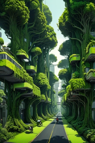 cartoon forest,forest road,mushroom landscape,ecotopia,cartoon video game background,green forest,futuristic landscape,mushroom island,moss landscape,tree grove,fractal environment,green valley,greenforest,verdant,topia,the forests,autopia,forests,roads,the road,Illustration,Black and White,Black and White 01